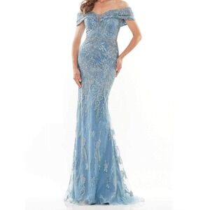 Rina di Montella Blue Beaded Floral Embroidered Off Shoulder Formal Gown Size 14